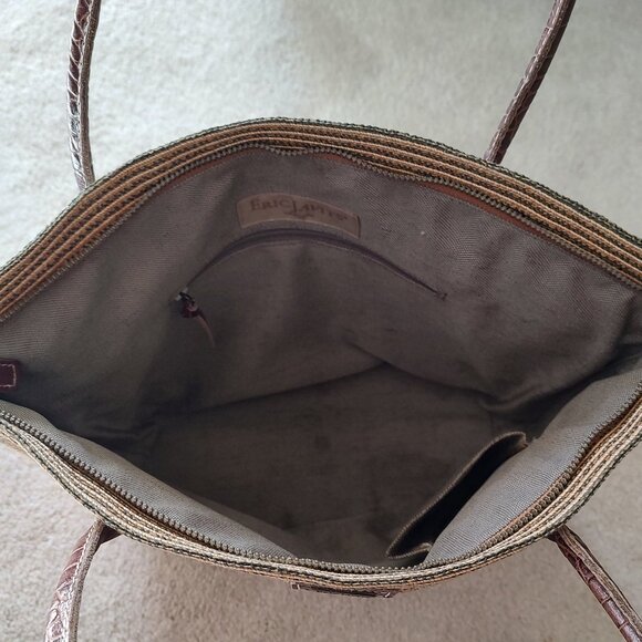 Eric Javits Raffia Beige Weaved Tote Shoulder Bag Croc Embossed Leather Trim - Picture 6 of 9